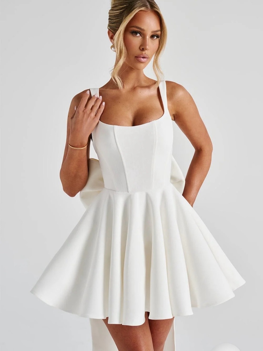 White Fit-and-Flare Mini Dress with Bow Back
